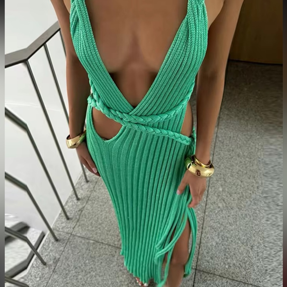 Backless Braided Cutout Maxi Dress in Emerald Green